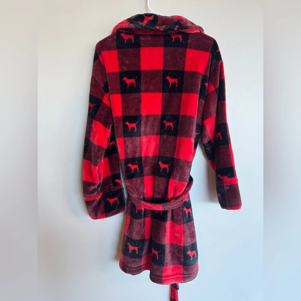 Victoria’s Secret PINK Buffalo Plaid Robe Red Black Checkered Dog Logo Plush M/L